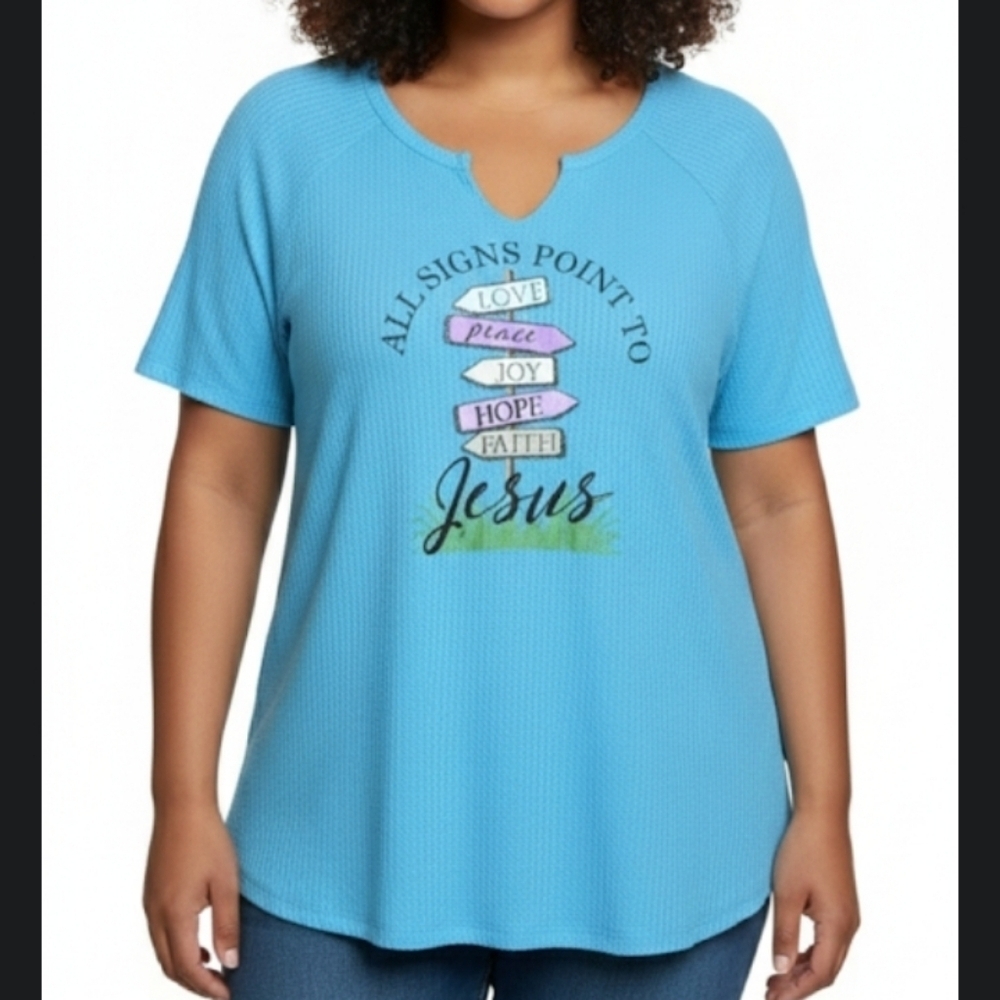 Cato Blue Graphic Women's Top waffle texture size large